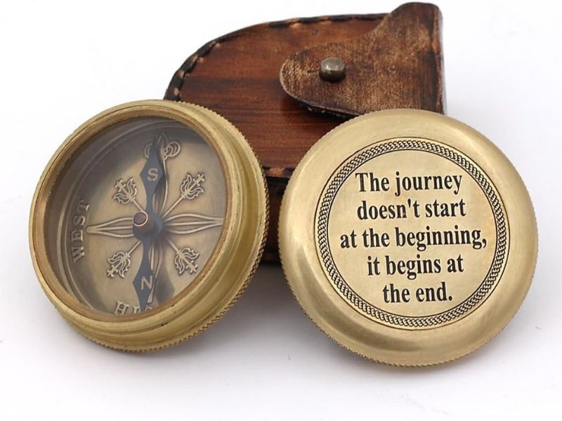The Journey Doesn’t Start at the Beginning, It Begins at the End’ Engraved Brass Compass with Leather Case | Inspirational Quote Compass | Graduation, Retirement & Travel Gift for Men, Women, Son, Daughter