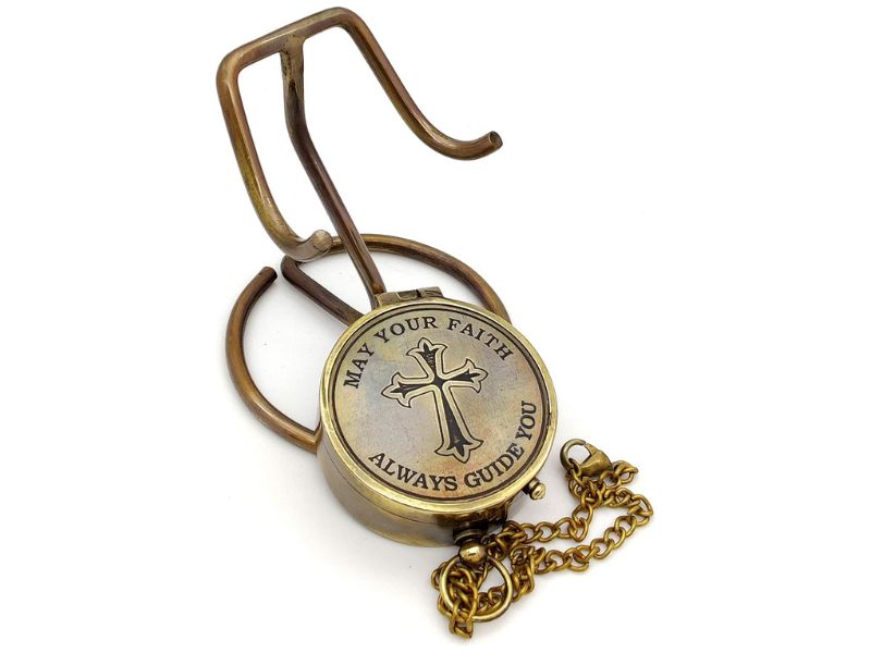 Brass Compass with Cross & “May Your Faith Always Guide You” Engraved | Christian Keepsake Compass with Display Stand | Baptism, Confirmation, Missionary & Birthday Gift for Men & Women