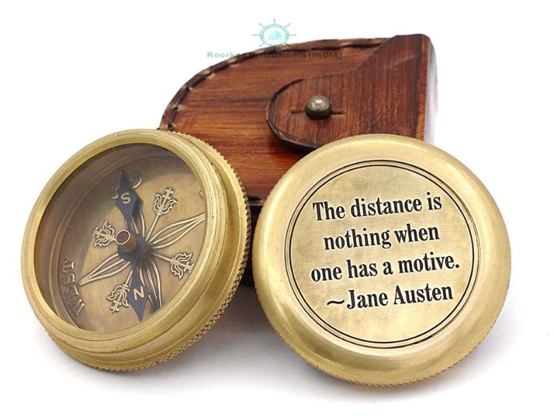 Vintage Brass Pocket Compass with Jane Austen Quote “The Distance is Nothing When One Has a Motive” – Solid Brass Directional Compass with Leather Case, Inspirational Gift for Book Lovers, Travelers & Graduates