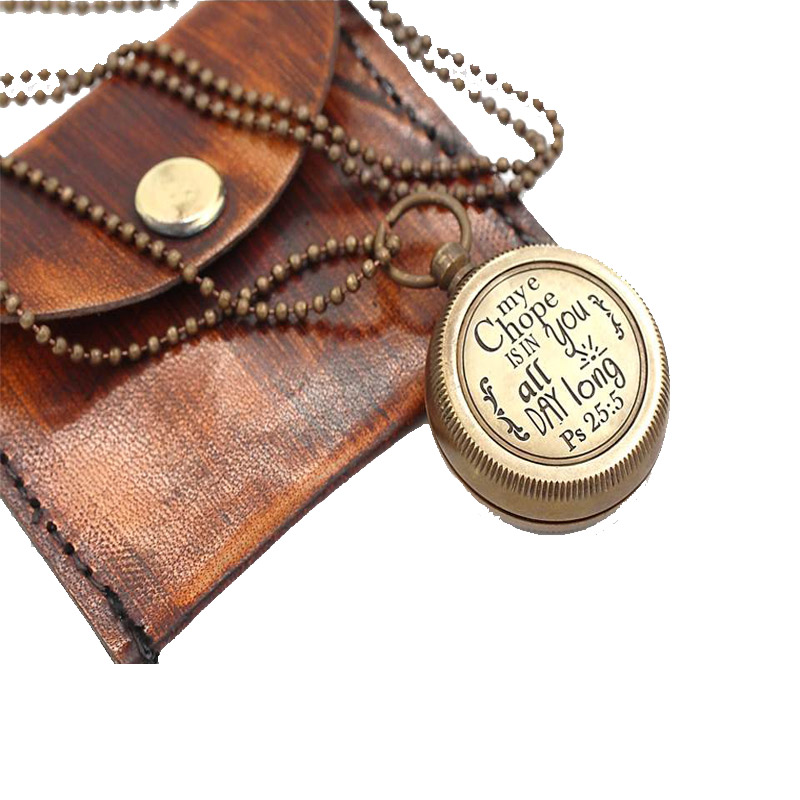 Antique Nautical Vintage Directional Magnetic Compass Engraved Quote !MY HOPE! Necklace with Leather Case 