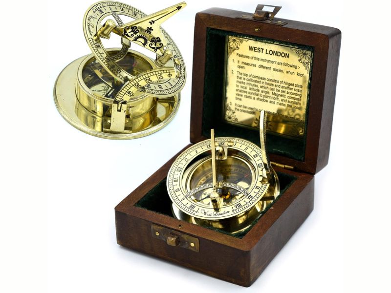 Brass Sundial Compass with Wooden Box | Antique Nautical Working Compass Engraved “West London” | Vintage Maritime Navigation Instrument | Collectible Gift for Explorer, Sailor &amp; Traveler