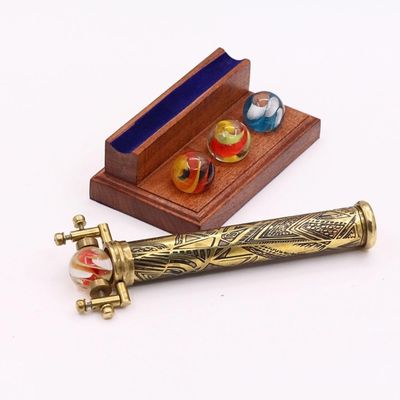 New Vintage Brass Kaleidoscope Toy with Interchangeable Marble Scope Solid Brass Barrel & Wooden Display Etched Brass Design