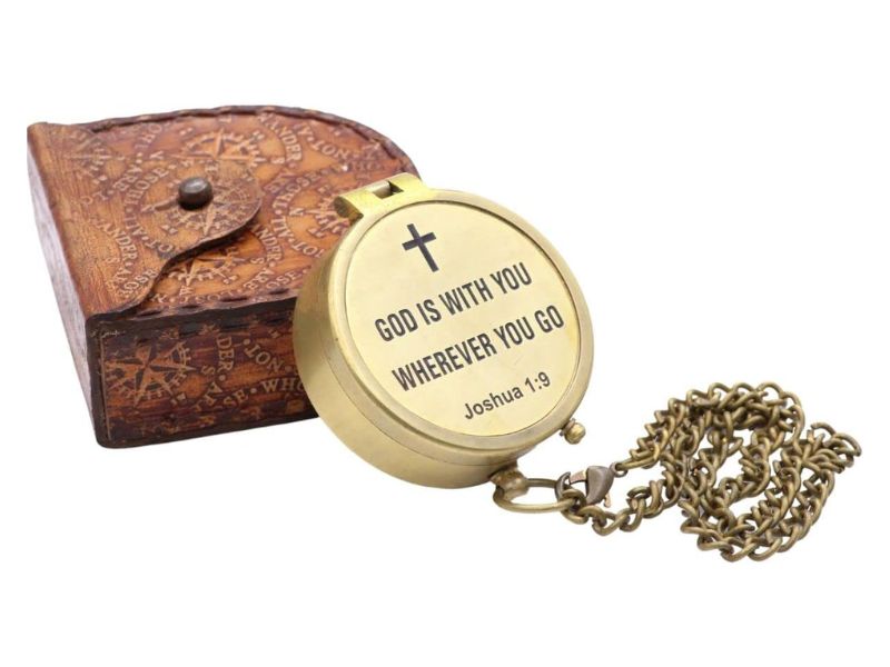 God’s Way Compass, Psalm 32:8 Engraved Solid Brass Directional Compass with Leather Case, Baptism Gifts for Boys & Girls, Christian Gifts for Men, First Communion & Confirmation Gifts