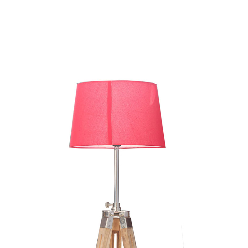 Brass & Wooden Tripod Floor Lamp Stand with Shade and Bulb, Red