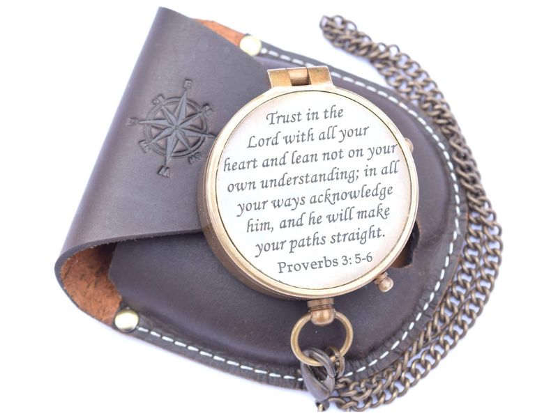 Trust in The Lord with All Your Heart Engraved Brass Compass – Proverbs 3:5-6 | Religious Confirmation Gift | Missionary & Baptism Keepsake | Inspirational Christian Gift for Men, Women, Son, Daughter