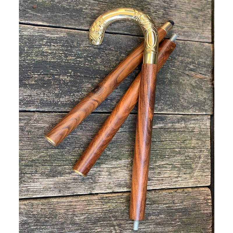 Vintage Nautical Gold Color Derby Handmade Wooden Walking Stick Cane Gift Item