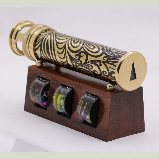 Unique Wedding Gift Handmade Brass Kaleidoscope with 3 Interchangeable Object Chambers and Wooden Display Stand Collectible