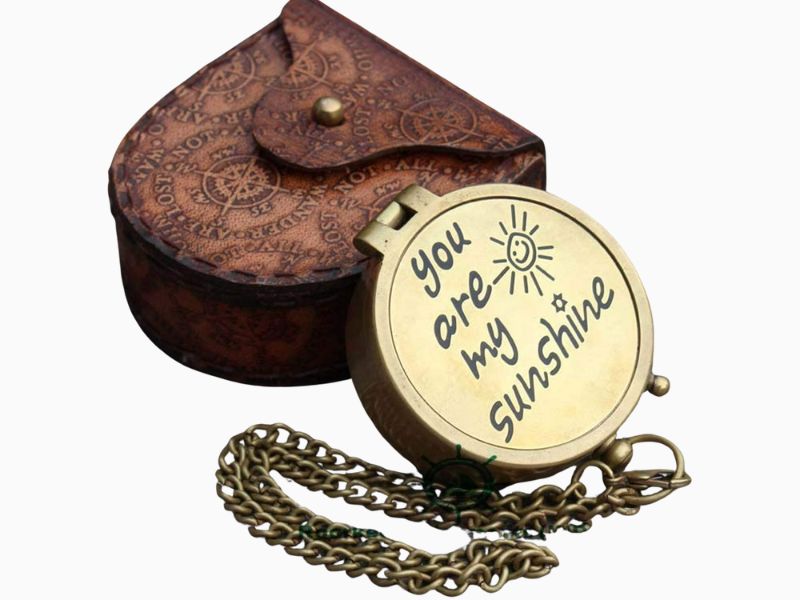 “You Are My Sunshine Brass Compass with Leather Case – Engraved Thoreau Quote Inside Lid – Inspirational Gift for Son, Grandson, Daughter – Graduation, Birthday, Christmas Keepsake