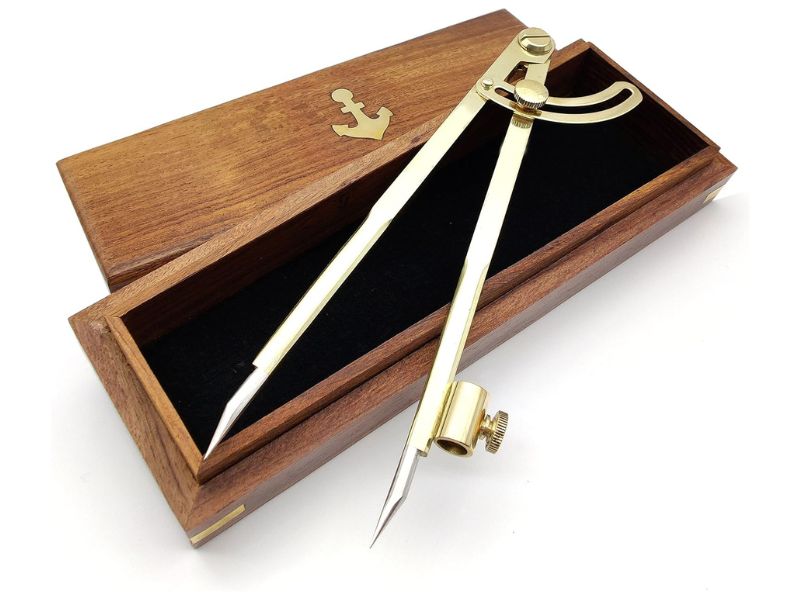 8” Brass Pencil Marking Compass with Wooden Box | Wing Divider Scriber for Wood & Metal | Precision Circle Drawing & Map Plotting Tool | Leather Scratch Compass for Drafting & Geometry Work