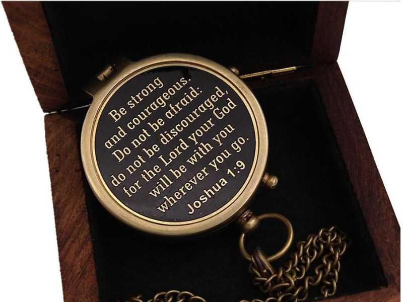 Be Strong and Courageous, Joshua 1:9 – Solid Brass Directional Engraved Compass with Leather Case | Christian Catholic Gift for Boys, Girls, Men | Baptism, First Communion & Confirmation Present