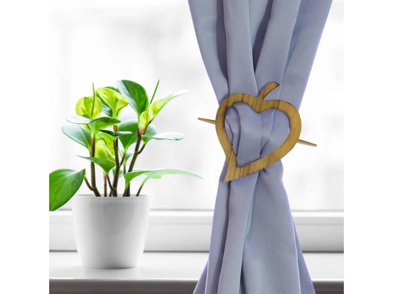 Handcrafted Wooden Heart Curtain Tieback Holders with Stick (Set of 2) | Rustic Natural Wood Drape Clips for Home, Living Room & Bedroom Décor | Decorative Curtain Accessories