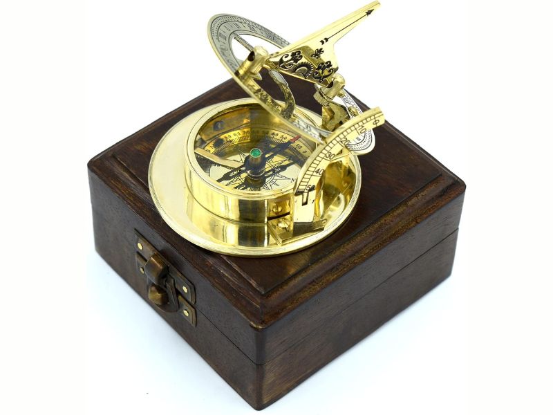 Brass Sundial Compass with Wooden Box | Antique Nautical Working Compass Engraved “West London” | Vintage Maritime Navigation Instrument | Collectible Gift for Explorer, Sailor &amp; Traveler