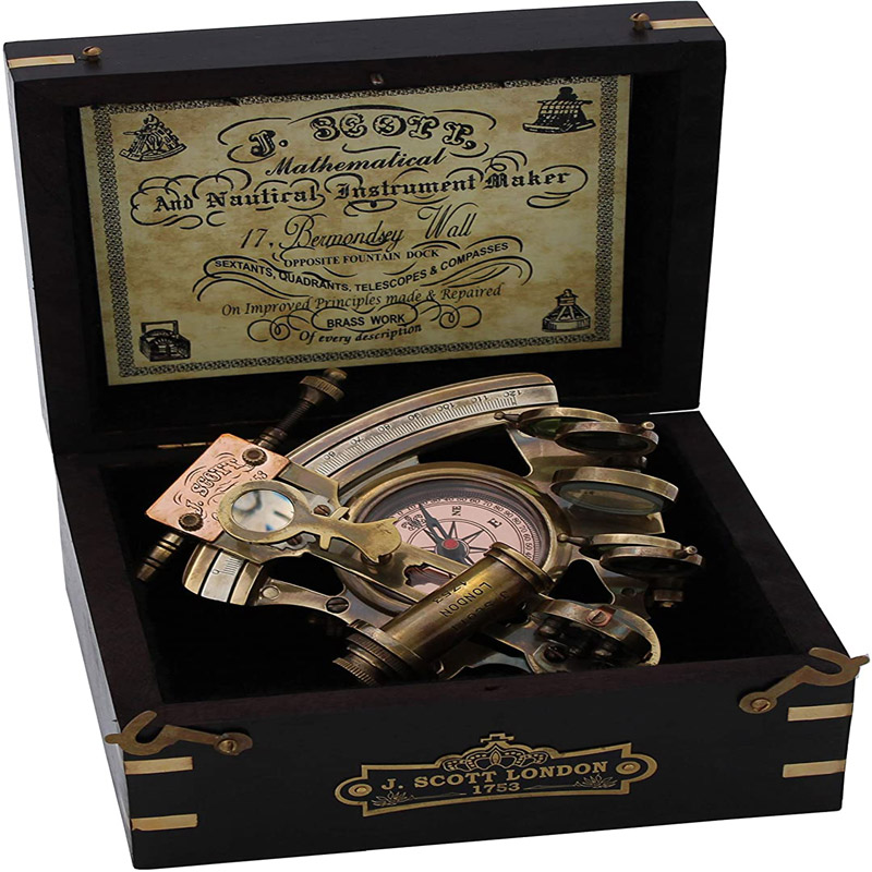 Handmade Astrolabe Brass Sextant inbuild Compass with Hardwood Box J Scott London 5 Inches Brass Sextant