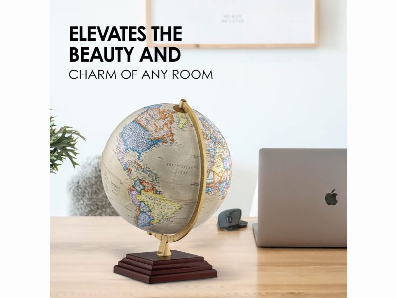 Vintage Decorative World Globe with Wooden Base & Brass Arc | 12-Inch Educational Desk Globe | Rotating Antique Style World Map | Office Study Home Decor Gift for Kids & Adults