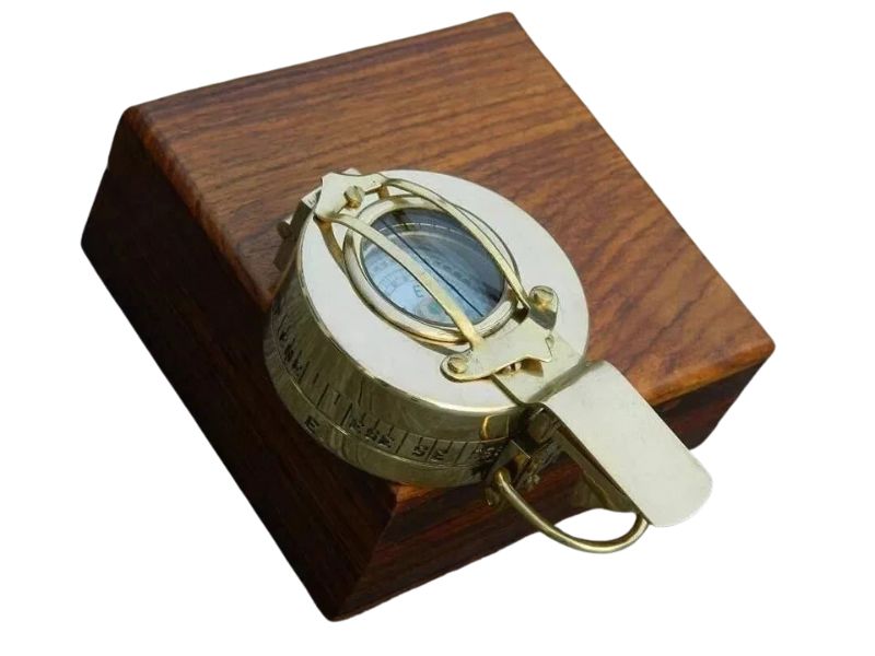 Vintage Brass Prismatic Compass with Wooden Box – Antique Military Style Survey Compass for Navigation, Camping, Hiking, Adventure, Nautical Gift for Men & Collectors
