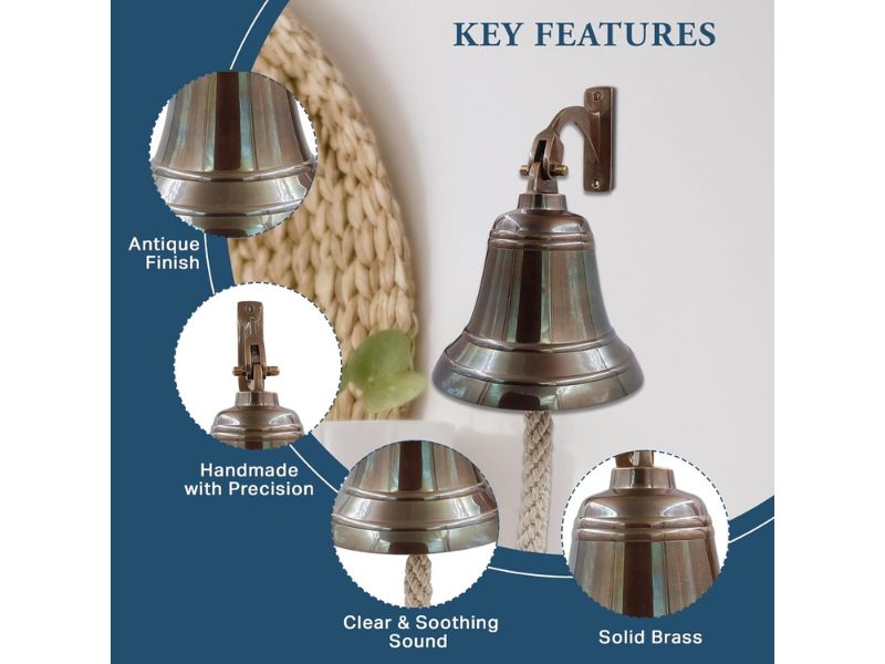 Solid Brass Wall Mounted Ship Hanging Bell 6 Inch – Antique Finish Nautical Brass Bell for Reception, School, Outdoor, Indoor, Dinner & Church by Roorkee Instruments India