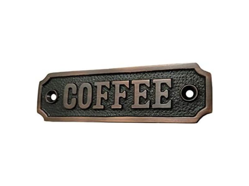 Vintage Brass “COFFEE” Sign Plate – Solid Cast Metal Label for Kitchen, Coffee Bar, Pantry, or Café Décor | Antique Finish Wall Plaque with Screws | Rustic Farmhouse Style Coffee Station Sign