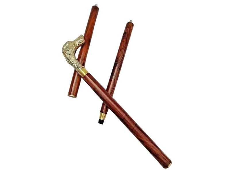 Vintage Brass Dog Head Walking Cane – Wooden Shaft 36\