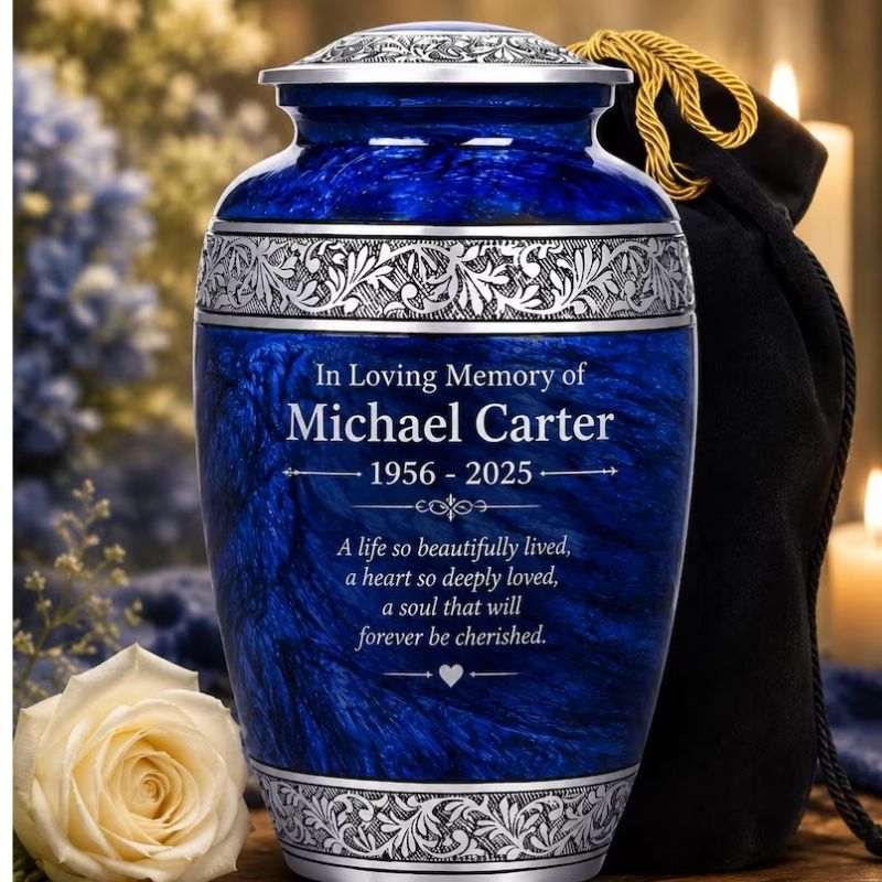 Blue Marble Cremation Urn for Human Ashes – Decorative Memorial Keepsake Urn