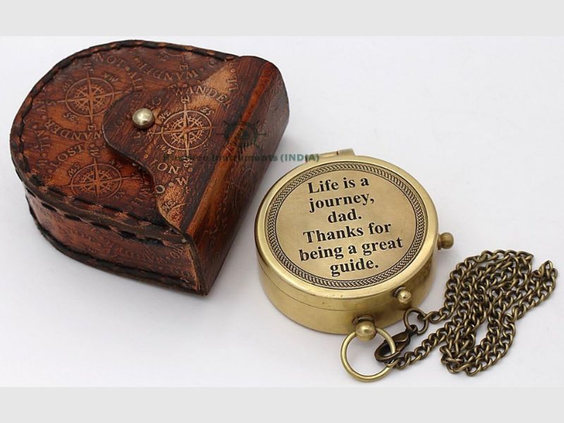 Life is a Journey Dad Compass – Engraved Brass Pocket Compass with Chain & Leather Case – Thoughtful Gift for Father, Dad, or Mentor – Vintage Keepsake of Love, Gratitude & Guidance