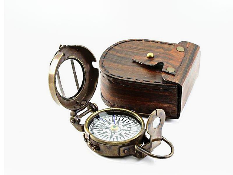 Vintage Brass Prismatic Compass with Leather Case – Antique Maritime Navigation Compass for Hiking, Camping, Boating & Adventure – Collectible Gift for Men, Sailors & Travelers