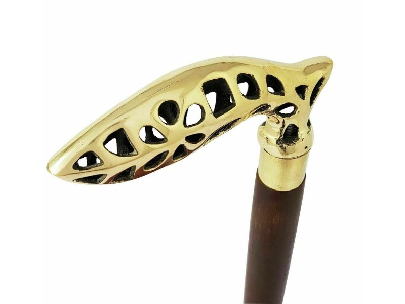 Vintage Brass Leaf Design Handle Wooden Walking Cane – Elegant Decorative Walking Stick for Men & Women – Handmade Brass Handle with Polished Hardwood Shaft – 37 Inch Collectible Gift Cane