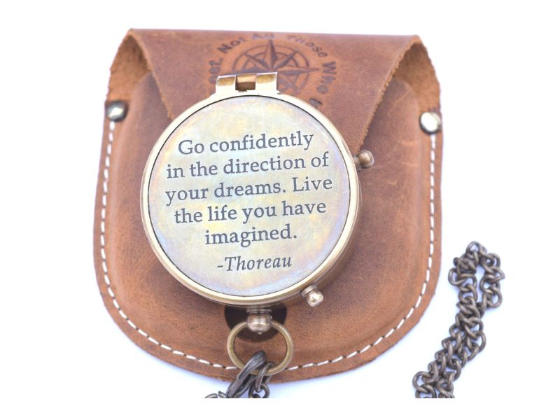 Thoreau’s “Go Confidently” Engraved Brass Compass with Stamped Leather Case | Inspirational Quote Compass | Graduation Gift for Him, Son, Husband | Motivational Adventure Gift