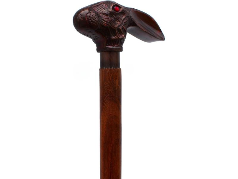 Vintage Rabbit Head Walking Cane with Red Eye Handle | Handcrafted Wooden Stick for Men & Women | Collectible Brass Handle Walking Stick | Victorian Steampunk Gift Cane by FYNJREX