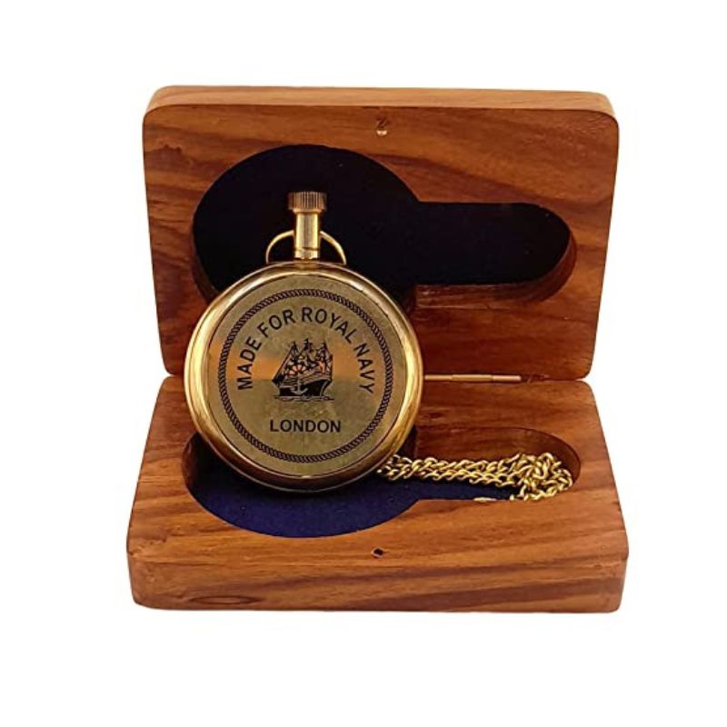 Handmade Anchor Shiny Brass Pocket Watch with Wooden Box