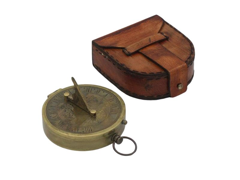 Antique Brass Sundial Compass with Leather Case | Working Nautical Pocket Compass | Vintage Maritime Instrument | Collectible Gift for Men, Explorer, Traveler, Outdoor Décor