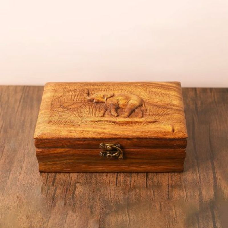 Elephant Jewelry Box, Hand Carved Wooden Elephant Jewelry Organizer Trinket Box, Wooden Animal Engraving Art Elephant Lovers Gift