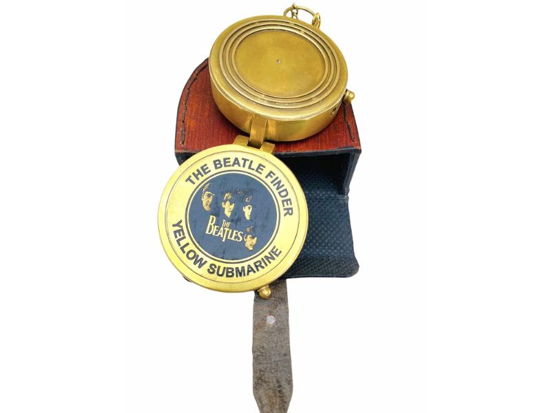 Vintage Brass “The Beatle Finder” Compass | Yellow Submarine Inspired Beatles Memorabilia | Handmade Nautical Pocket Compass with Chain & Wooden Box | Music Lovers Gift, Beatles Collectible
