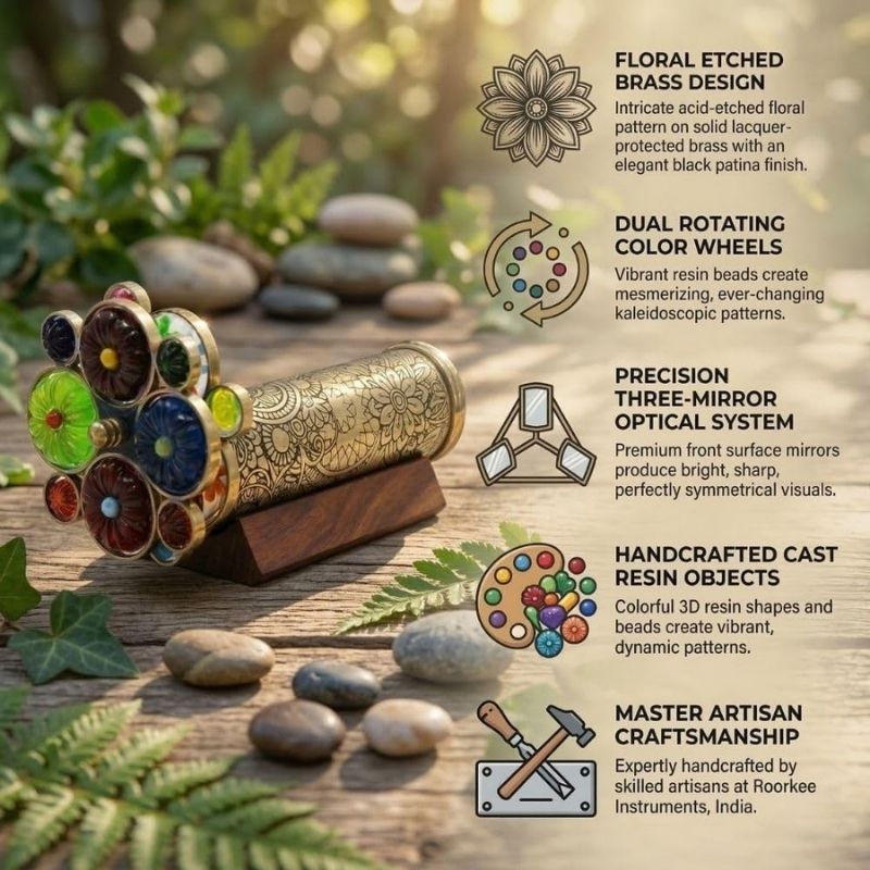 Handcrafted Etched Floral Pattern Lacquered Brass Kaleidoscope Includes Two Separate Turning Wheels-A Perfect Addition to any Collection. (7 x1.5 inch)