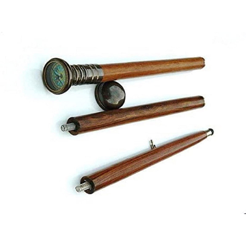 Set of Two Compass/Telescope Wood Walking Stick-Cane Brass Compass/Telescope Handle