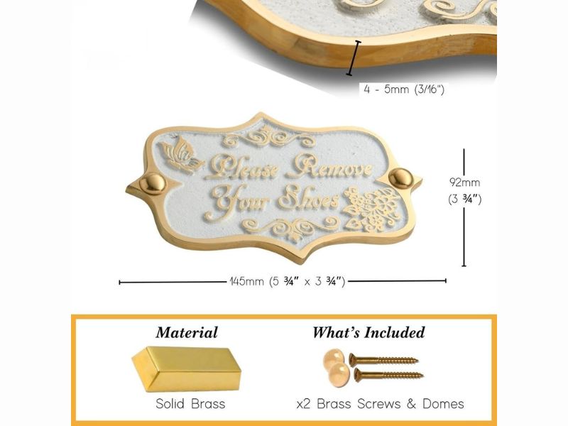 Please Remove Your Shoes Brass Door Sign – Vintage Shabby Chic Wall Plaque – Handmade Solid Brass Home Décor by The Metal Foundry