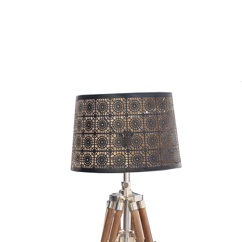 Teak Wood Tripod Floor Lamp with Heavy Metal Shade and Bulb