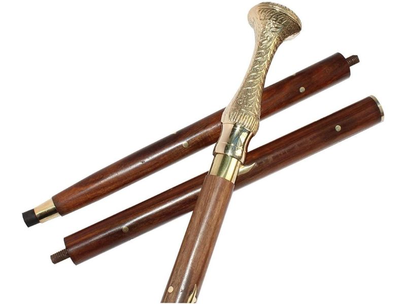 Vintage Brass Handle Walking Cane – Ornate Victorian Style Wooden Walking Stick for Men & Women – 36 Inch Foldable Brown Rosewood Cane with Brass Collar & Rubber Tip – Collectible Gift for Gentlemen