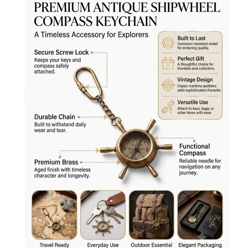 Vintage Antique Brass Compass Keychain | Directional Compass Key Ring | Compass for Kids Survival | Retro Metal Compass Keyring for Men & Women | Gift for Travelers & Adventurers
