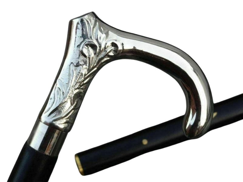 Elegant Brass Chrome Walking Cane with Floral Engraved Handle – Vintage Style Wooden Walking Stick for Men & Women – 37 Inch Collectible Mobility Aid & Gift Accessory