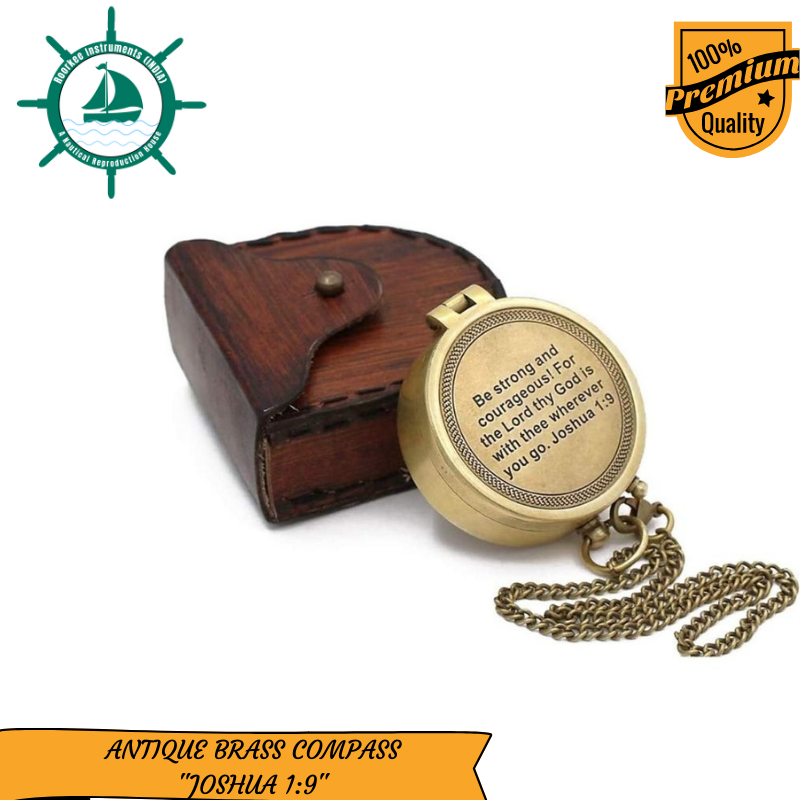Solid Brass Directional Magnetic Compass with Leather Case Antique Nautical Vintage Quote Engraved Be Strong, Baptism Gifts