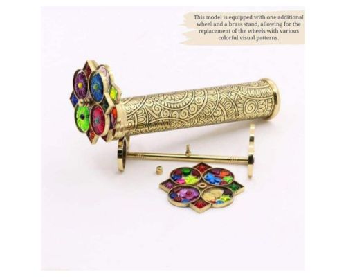 Handmade Brass Spiral Kaleidoscope with Interchangeable Resin Wheels & Wooden Display Stand – Vintage Optical Art Toy, Collectible for Adults, Unique Gift for Collectors & Home Décor
