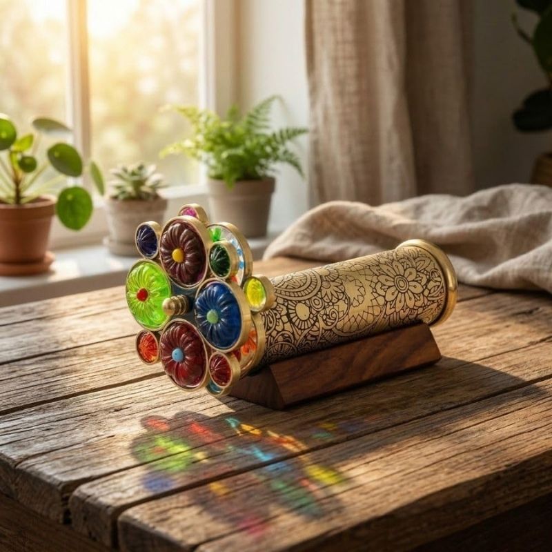 Handcrafted Etched Floral Pattern Lacquered Brass Kaleidoscope Includes Two Separate Turning Wheels-A Perfect Addition to any Collection. (7 x1.5 inch)