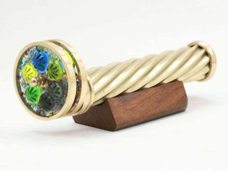 Handmade Brass Spiral Kaleidoscope with Interchangeable Wheels Vintage Optical Art Toy Collectors Display Stand