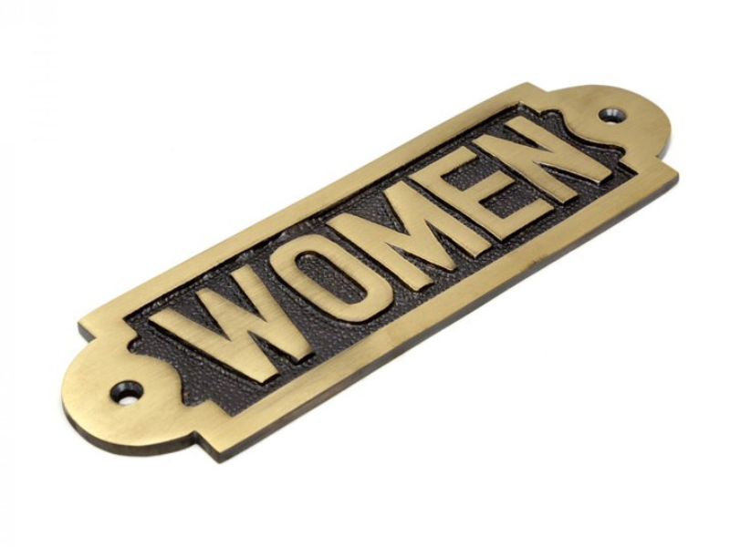 Vintage Brass “WOMEN” Restroom Door Sign | Solid Cast Brass Plaque with Black Background | Antique Finish Bathroom Door Plate with Screws | Handmade Wall Mount Sign for Home, Café & Office