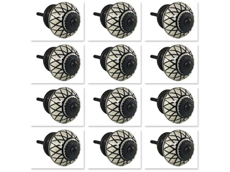 Black Lines Pattern Ceramic Drawer Knobs – Set of 12 Decorative Cabinet Pulls for Dresser, Wardrobe, Cupboard & Doors