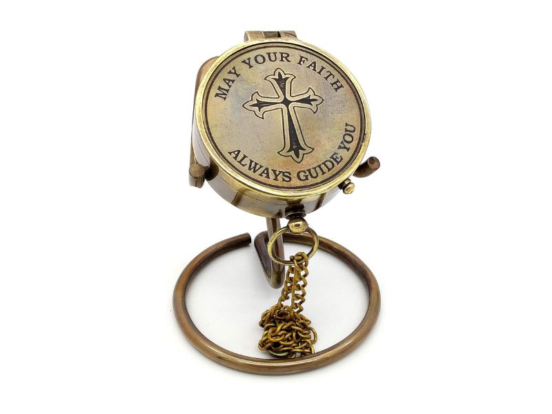 Brass Compass with Cross & “May Your Faith Always Guide You” Engraved | Christian Keepsake Compass with Display Stand | Baptism, Confirmation, Missionary & Birthday Gift for Men & Women