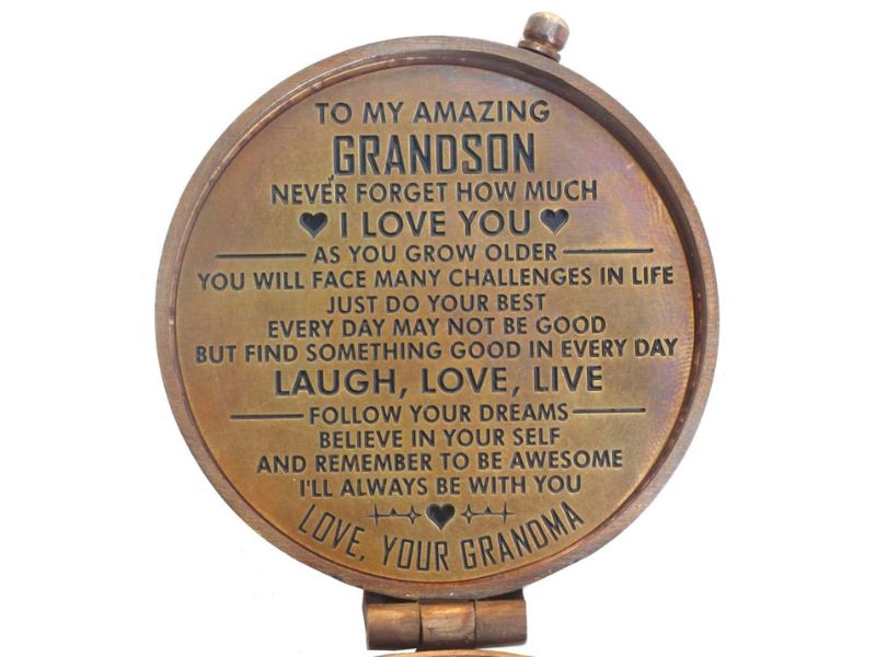 Engraved Compass Gift for Grandson from Grandma – “To My Amazing Grandson” Quote, Antique Brass Pocket Compass, Graduation, Birthday, Christmas Gift