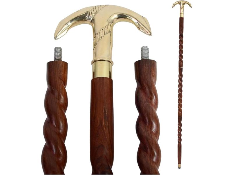 Vintage Brass Anchor Handle Walking Cane – Handcrafted Wooden Spiral Shaft Stick – Antique Nautical Style Cane for Men & Women – Decorative Collectible Gift for Sailors, Gentlemen, and Seniors