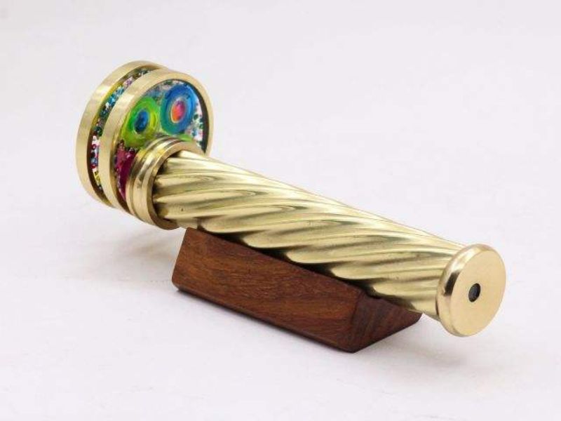 Handmade Brass Spiral Kaleidoscope with Interchangeable Wheels Vintage Optical Art Toy Collectors Display Stand