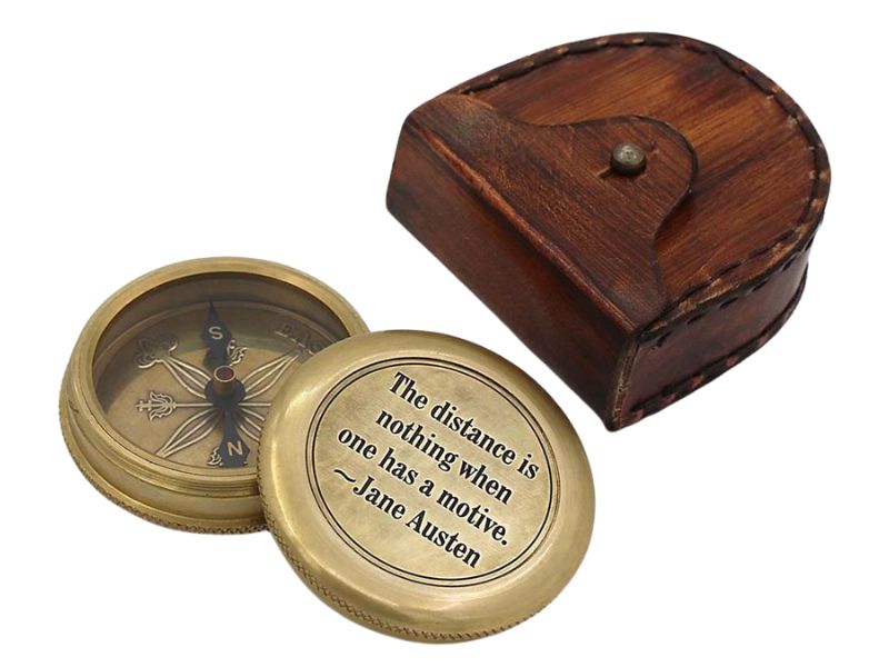 Vintage Brass Pocket Compass with Jane Austen Quote “The Distance is Nothing When One Has a Motive” – Solid Brass Directional Compass with Leather Case, Inspirational Gift for Book Lovers, Travelers & Graduates